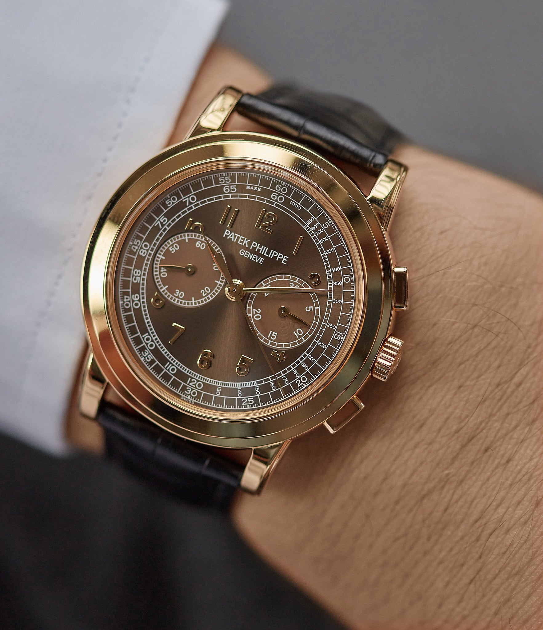 on the wrist Patek Philippe 5070J-012 Saatchi Edition Chronograph yellow gold watch for sale online at A Collected Man London UK specialist of rare watches