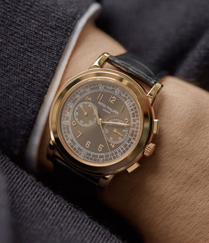 brown dial Patek Philippe 5070J-012 Saatchi Edition Chronograph yellow gold watch for sale online at A Collected Man London UK specialist of rare watches