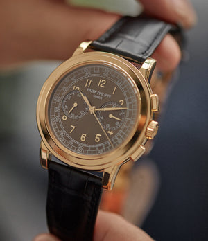 find Patek Philippe 5070J-012 Saatchi Edition Chronograph brown dial yellow gold watch for sale online at A Collected Man London UK specialist of rare watches
