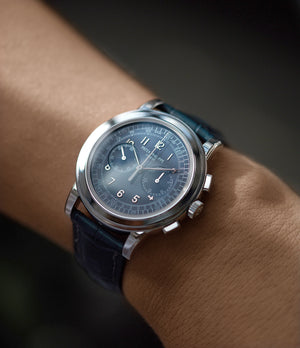 blue dial Patek Philippe 5070P Chronograph rare platinum 42mm luxury watch for sale online at A Collected Man London UK specialist of rare watches
