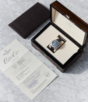 full set Patek Philippe 5070P Chronograph rare platinum 42mm luxury watch for sale online at A Collected Man London UK specialist of rare watches