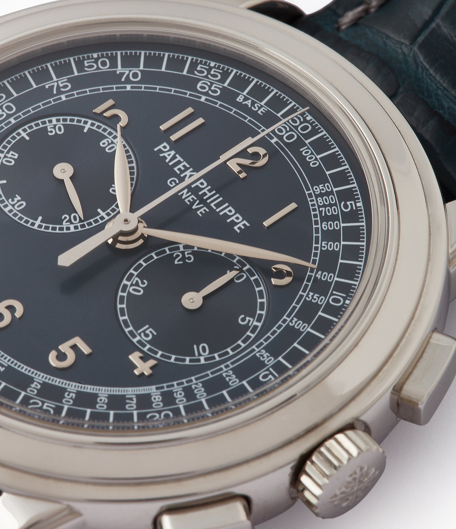 blue dial Patek Philippe 5070P Chronograph rare platinum 42mm luxury watch for sale online at A Collected Man London UK specialist of rare watches