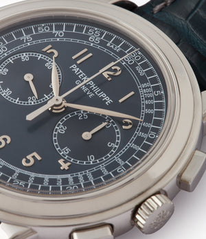 blue dial Patek Philippe 5070P Chronograph rare platinum 42mm luxury watch for sale online at A Collected Man London UK specialist of rare watches