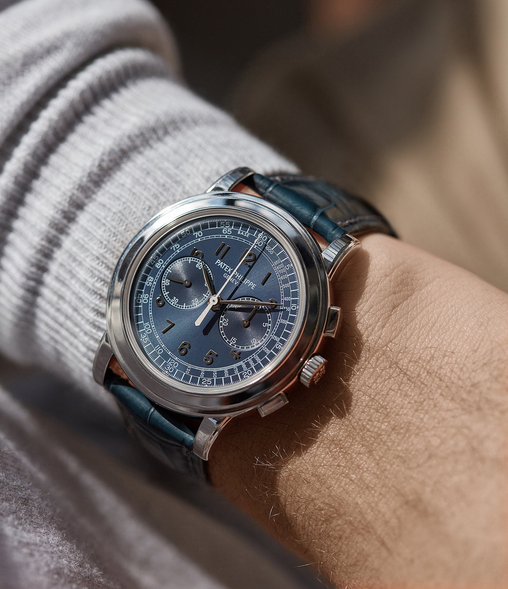 on the wrist Patek Philippe 5070P Chronograph rare platinum 42mm luxury watch for sale online at A Collected Man London UK specialist of rare watches