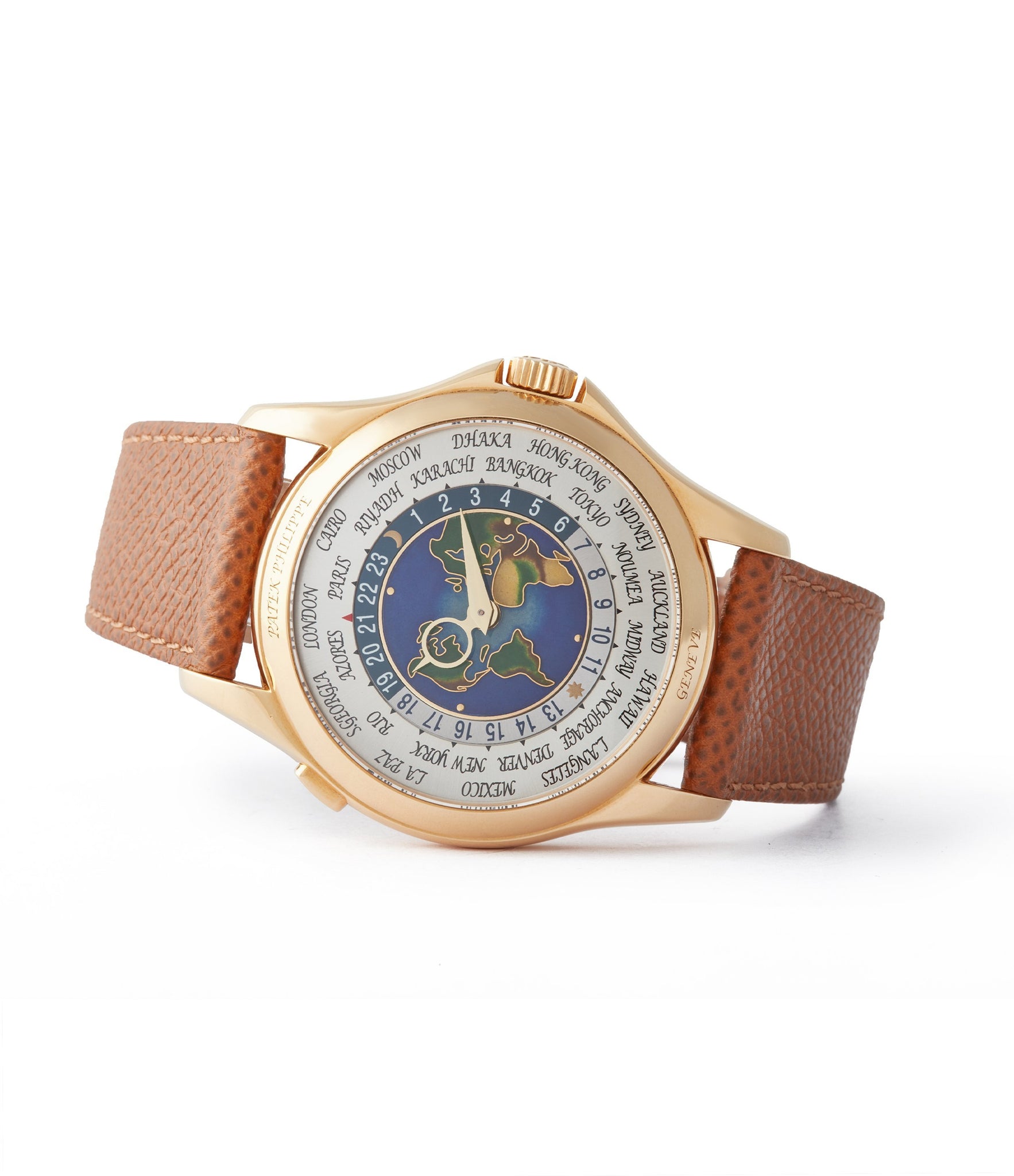 side-shot shop preowned Patek Philippe 5131J-014 World Time yellow gold enamel dial traveller watch for sale online A Collected Man London UK specialist rare watches