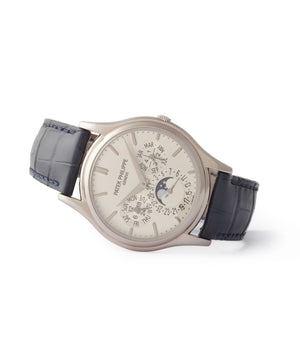 side-shot rare Patek Philippe Perpetual Calendar 5140G moonphase white gold silver dial pre-owned dress watch for sale online A Collected Man London UK specialist rare watches