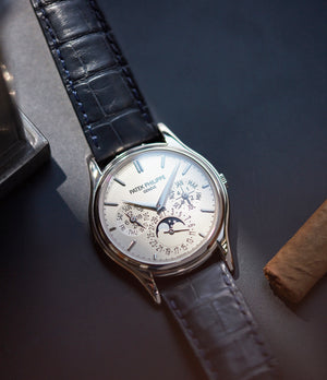 Patek Philippe Perpetual Calendar 5140G moonphase white gold silver dial pre-owned dress watch for sale online A Collected Man London UK specialist rare watches