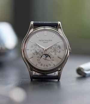 5140G Patek Philippe Perpetual Calendar moonphase white gold silver dial pre-owned dress watch for sale online A Collected Man London UK specialist rare watches