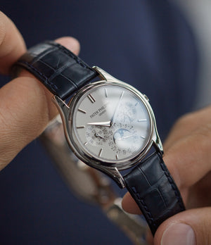selling Patek Philippe 5140G Perpetual Calendar moonphase white gold silver dial pre-owned dress watch for sale online A Collected Man London UK specialist rare watches