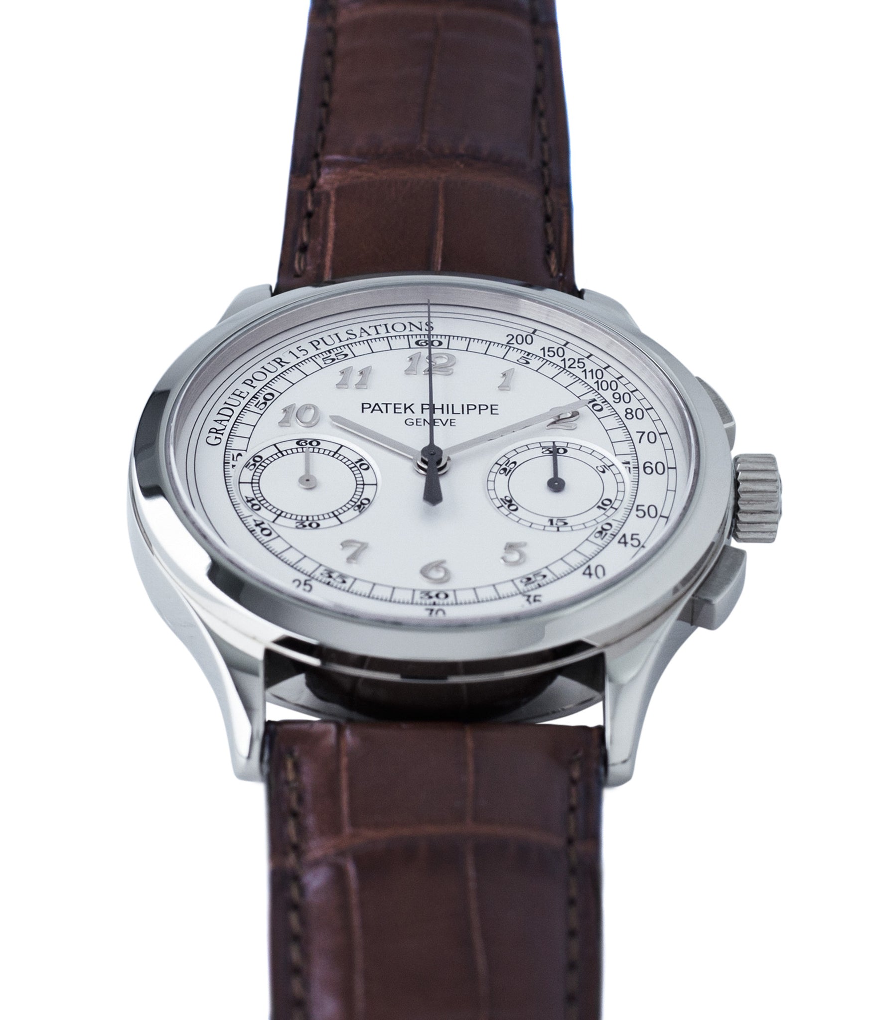 selling 5170 Patek Philippe grey gold dress Chronograph Pulsation Scale preowned watch at A Collected Man London rare watch specialist in United Kingdom