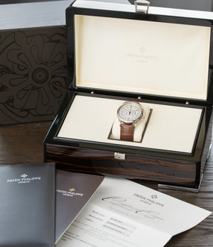full set preowned Patek Philippe 5170G-001 grey gold dress Chronograph Pulsation Scale watch at A Collected Man London rare watch specialist in United Kingdom