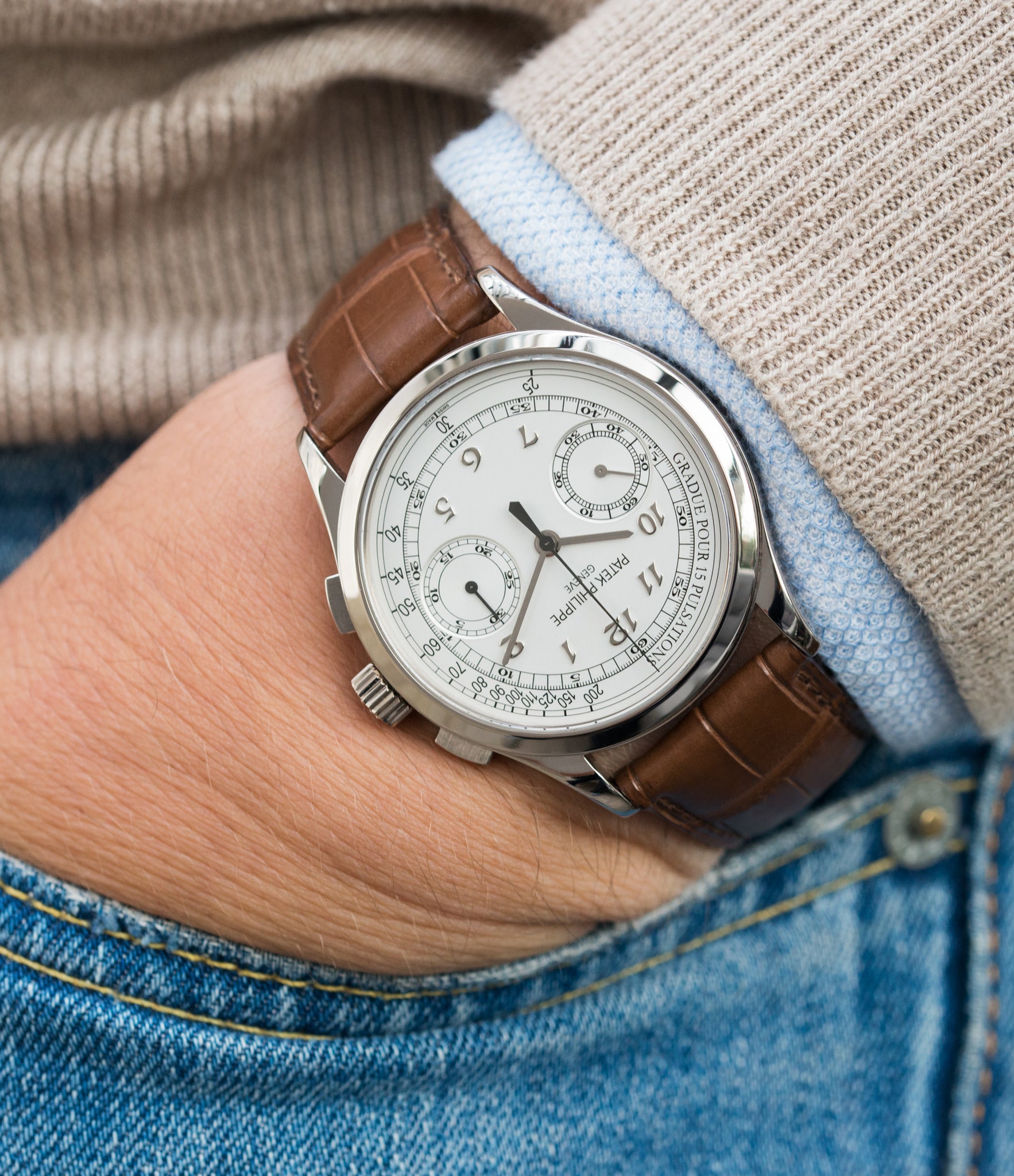 white gold Patek Philippe 5170 dress Chronograph Pulsation Scale preowned watch at A Collected Man London rare watch specialist in United Kingdom