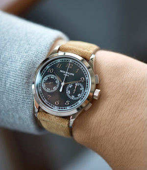 on the wrist Patek Philippe 5170G-010 Chronograph black dial manual-winding watch for sale online at A Collected Man London UK specialist of rare watches