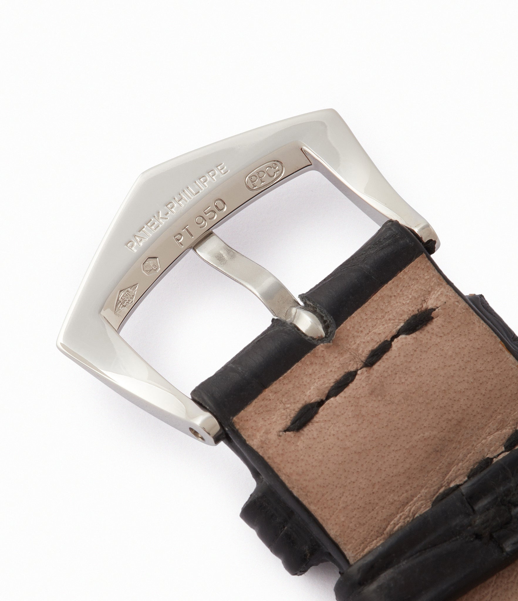 platinum Patek Philippe tang buckle Calatrava 5196P-001 Tiffany-signed manual-winding platinum pre-owned watch for sale online at A Collected Man London UK specialist of rare watches