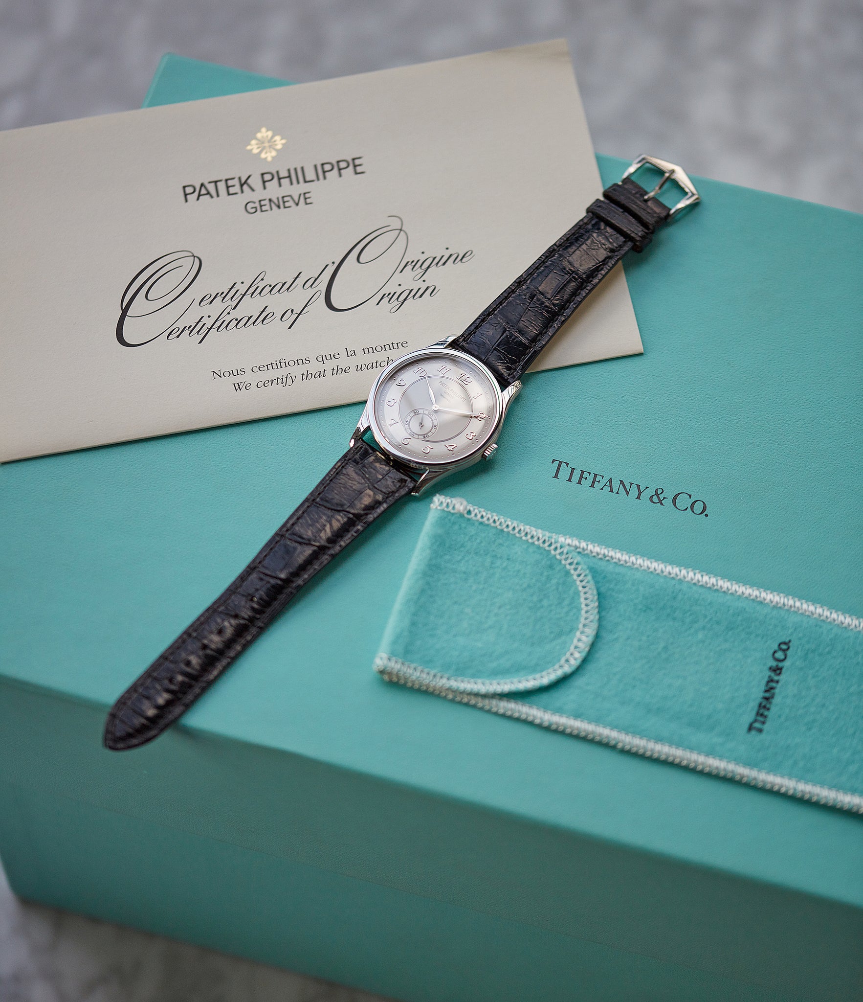 Tiffany-signed Patek Philippe Calatrava 5196P-001 manual-winding platinum pre-owned watch for sale online at A Collected Man London UK specialist of rare watches