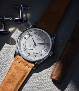 Shop Barcelona JPM watch strap Patek Philippe tan suede quick-release springbars buckle handcrafted European-made for sale online at A Collected Man London