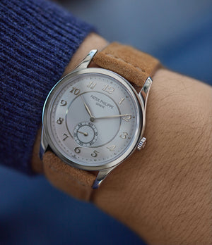 on the wrist Patek Philippe 5196P Calatrava time-only platinum men's dress watch for sale online at A Collected Man London UK specialist of rare watches