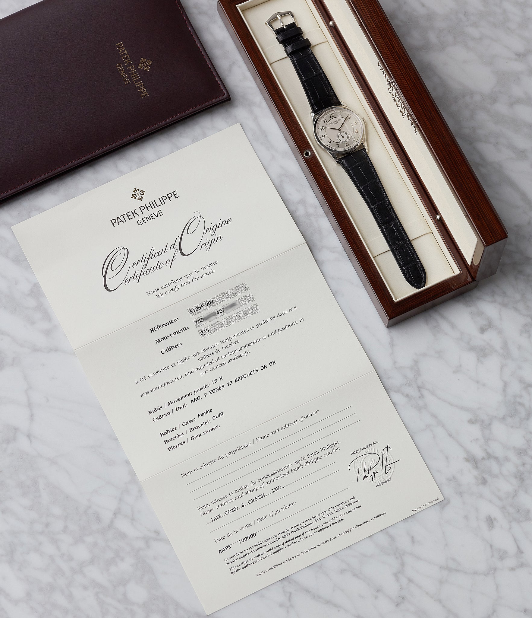 full set pre-owned Patek Philippe 5196P Calatrava time-only platinum men's dress watch for sale online at A Collected Man London UK specialist of rare watches