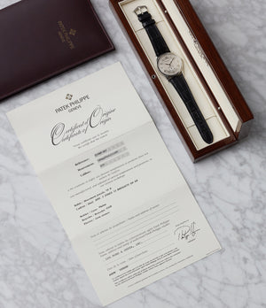 full set pre-owned Patek Philippe 5196P Calatrava time-only platinum men's dress watch for sale online at A Collected Man London UK specialist of rare watches