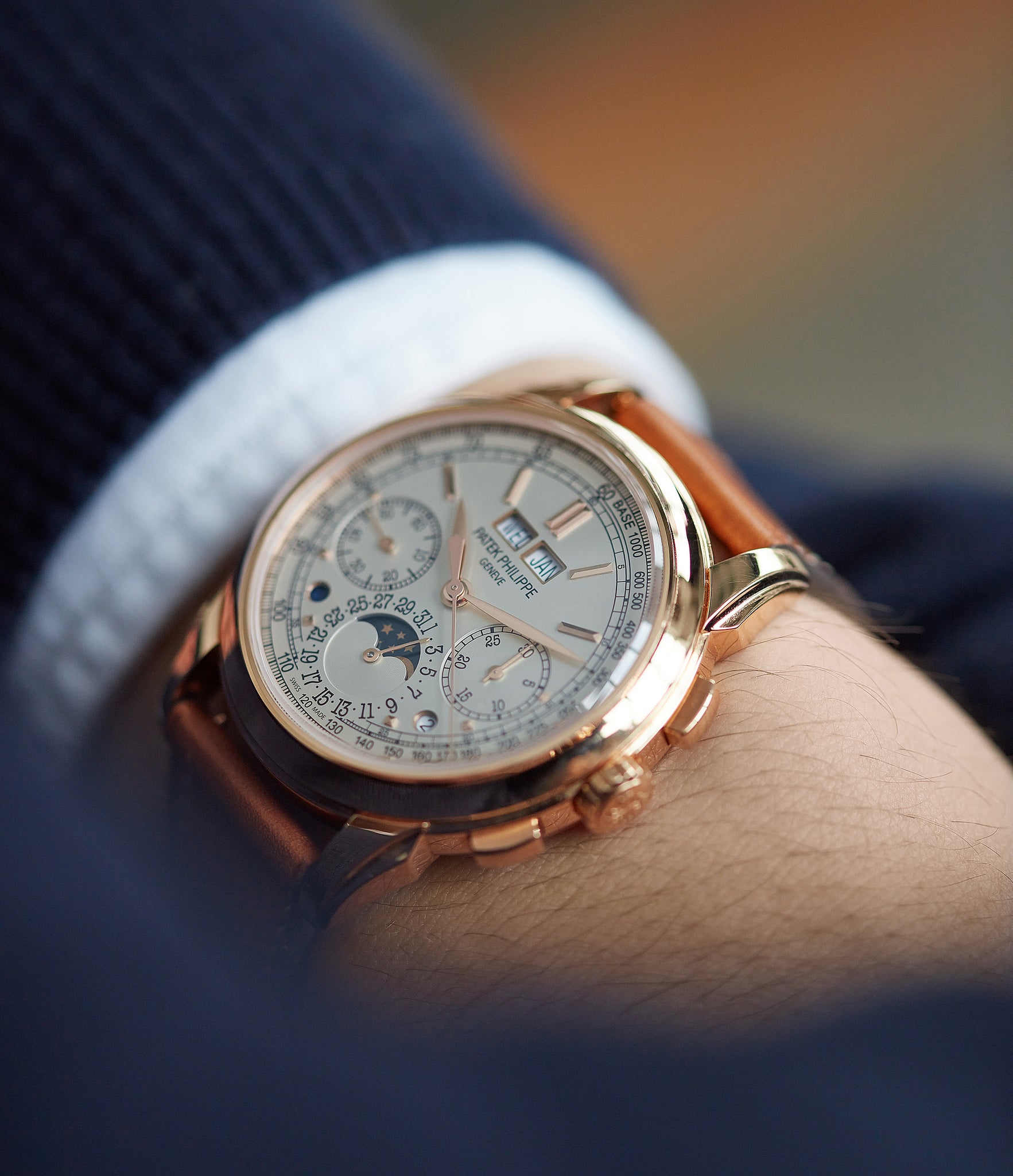 pre-owned Patek Philippe 5270R Grand Complications Perpetual Calendar Chronograph rose gold dress watch for sale online at A Collected Man London UK specialist of rare watches