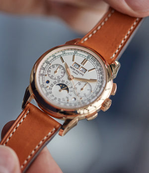 hands on with Patek Philippe 5270R Grand Complications Perpetual Calendar Chronograph rose gold dress watch for sale online at A Collected Man London UK specialist of rare watches