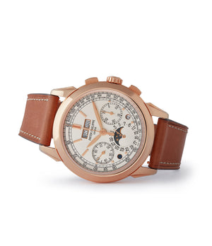 side-shot rare Patek Philippe 5270R Grand Complications Perpetual Calendar Chronograph rose gold dress watch for sale online at A Collected Man London UK specialist of rare watches