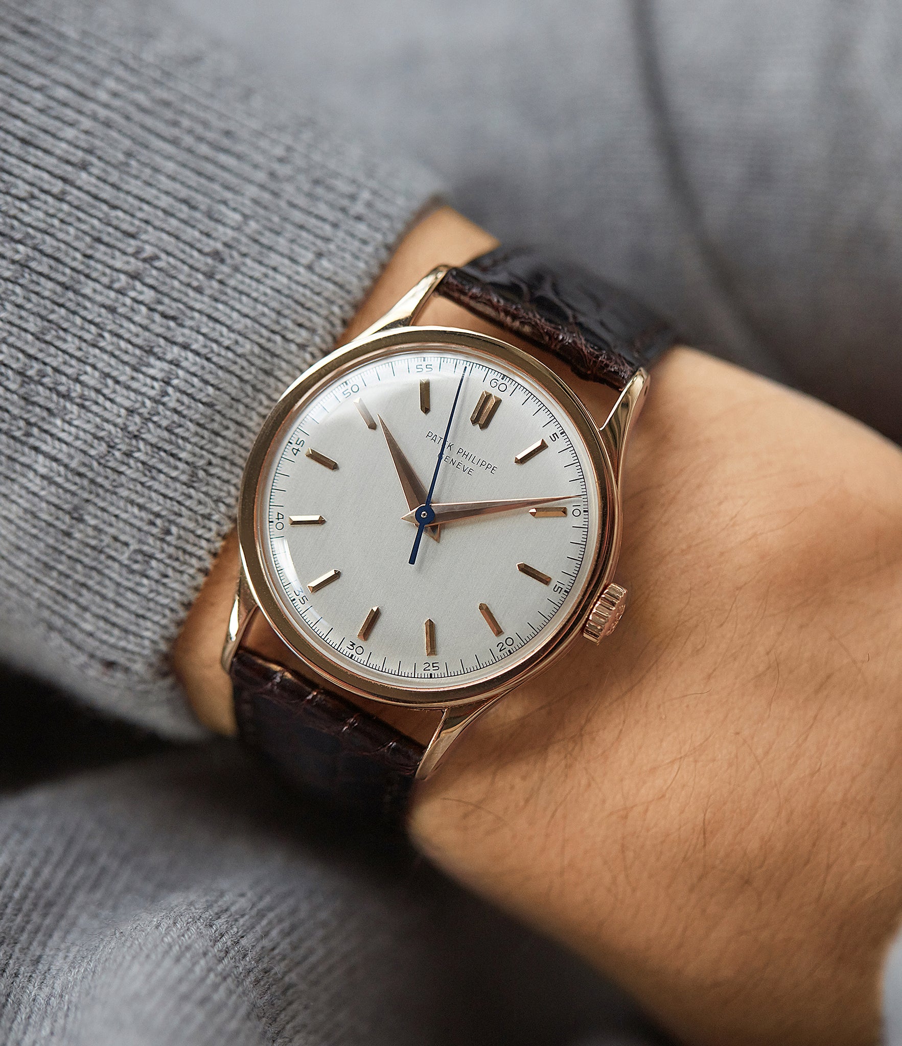 on the wrist vintage Patek Philippe 570R-SCI time-only rose gold dress watch Cal. 27SC with Archive Extracts for sale online at A Collected Man London UK specialist of rare watches