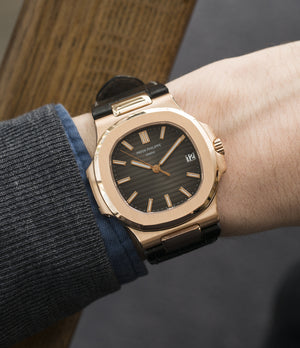 on the wrist Patek Philippe Nautilus 5711 rose gold dress watch chocolate brown dial for sale online at A Collected Man London UK specialist of rare watches