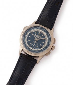 shop pre-owned Patek Philippe World Time Chronograph 5930G-001 white gold watch blue dial for sale online at A Collected Man London