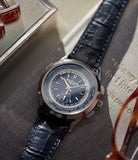 Patek Philippe World Time Chronograph 5930G-001 white gold watch blue dial for sale online at A Collected Man London