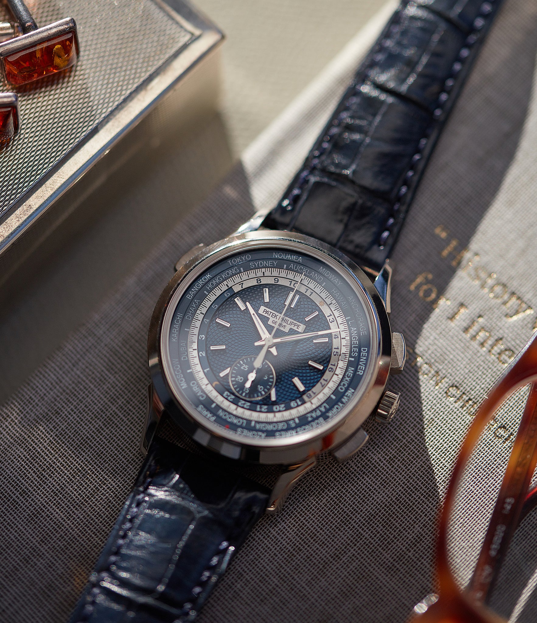 Patek Philippe World Time Chronograph 5930G-001 white gold watch blue dial for sale online at A Collected Man London