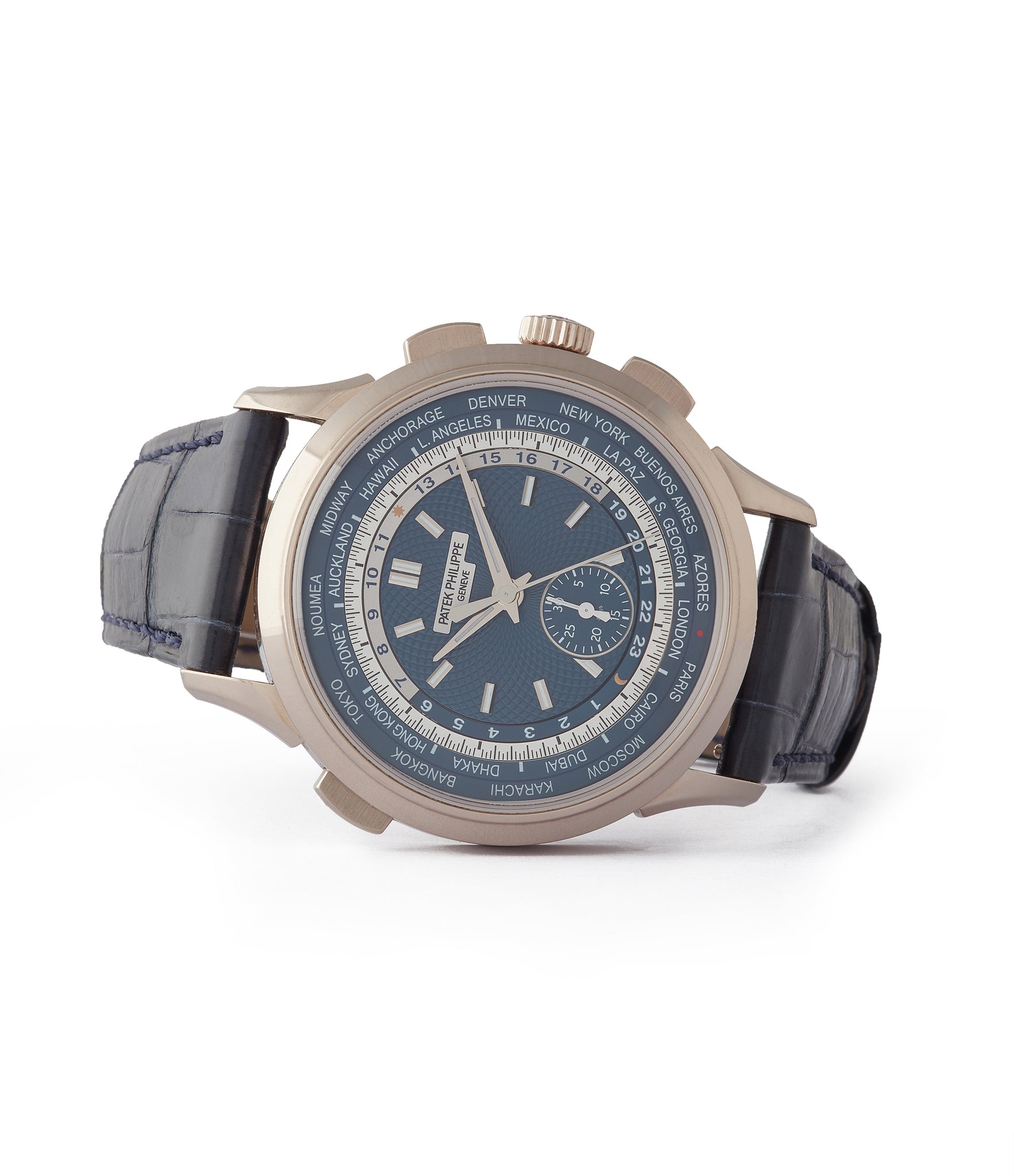 side-shot buy pre-owned Patek Philippe World Time Chronograph 5930G-001 white gold watch blue dial for sale online at A Collected Man London