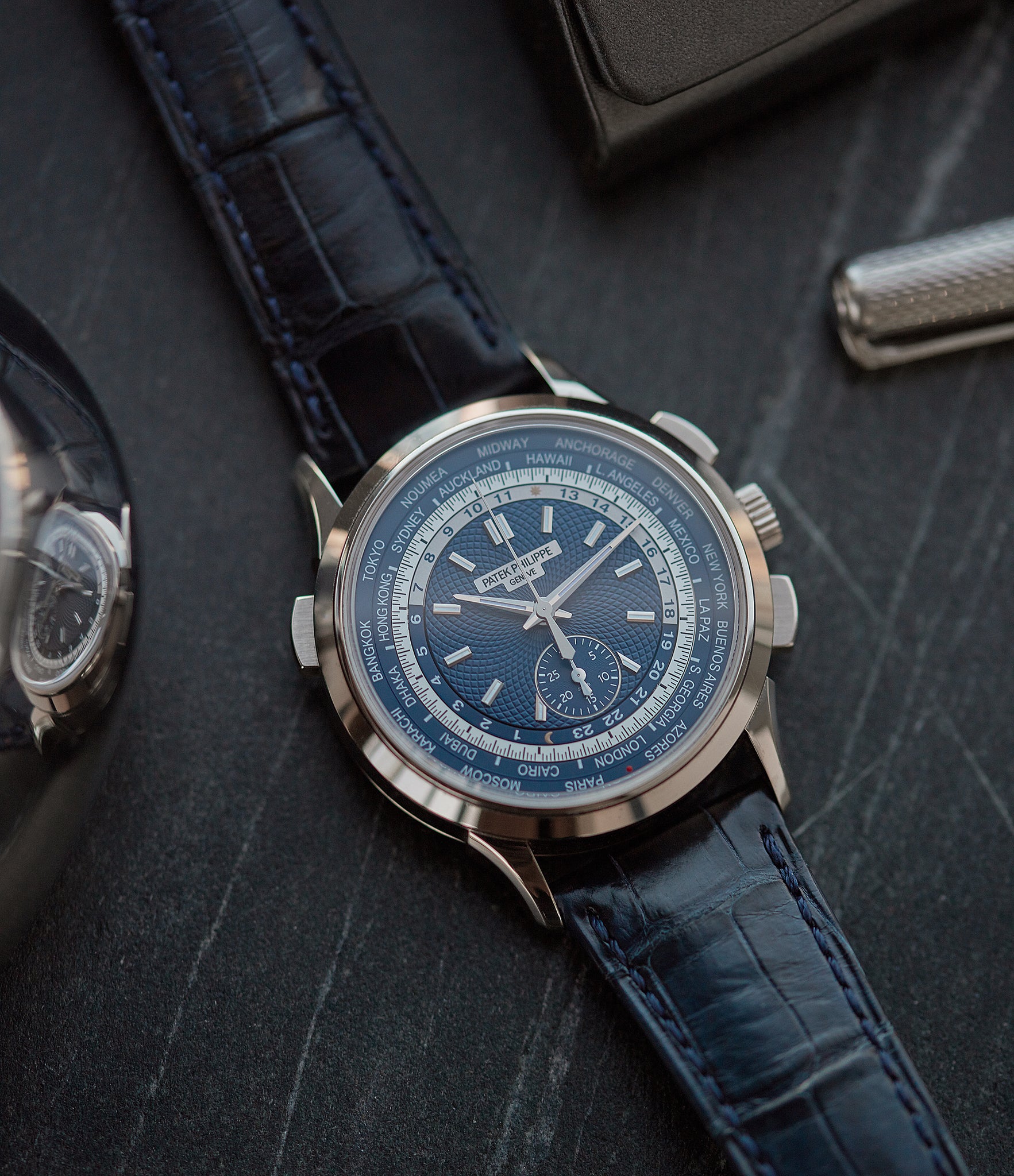 selling Patek Philippe Complications World Time Chronograph 5930G-001 white gold watch blue dial for sale online at A Collected Man London
