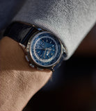 on the wrist Patek Philippe Complications World Time Chronograph 5930G-001 white gold watch blue dial for sale online at A Collected Man London