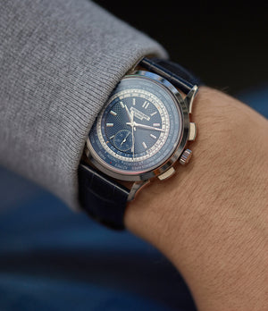 men's wristwatch Patek Philippe World Time Chronograph 5930G-001 white gold watch blue dial for sale online at A Collected Man London