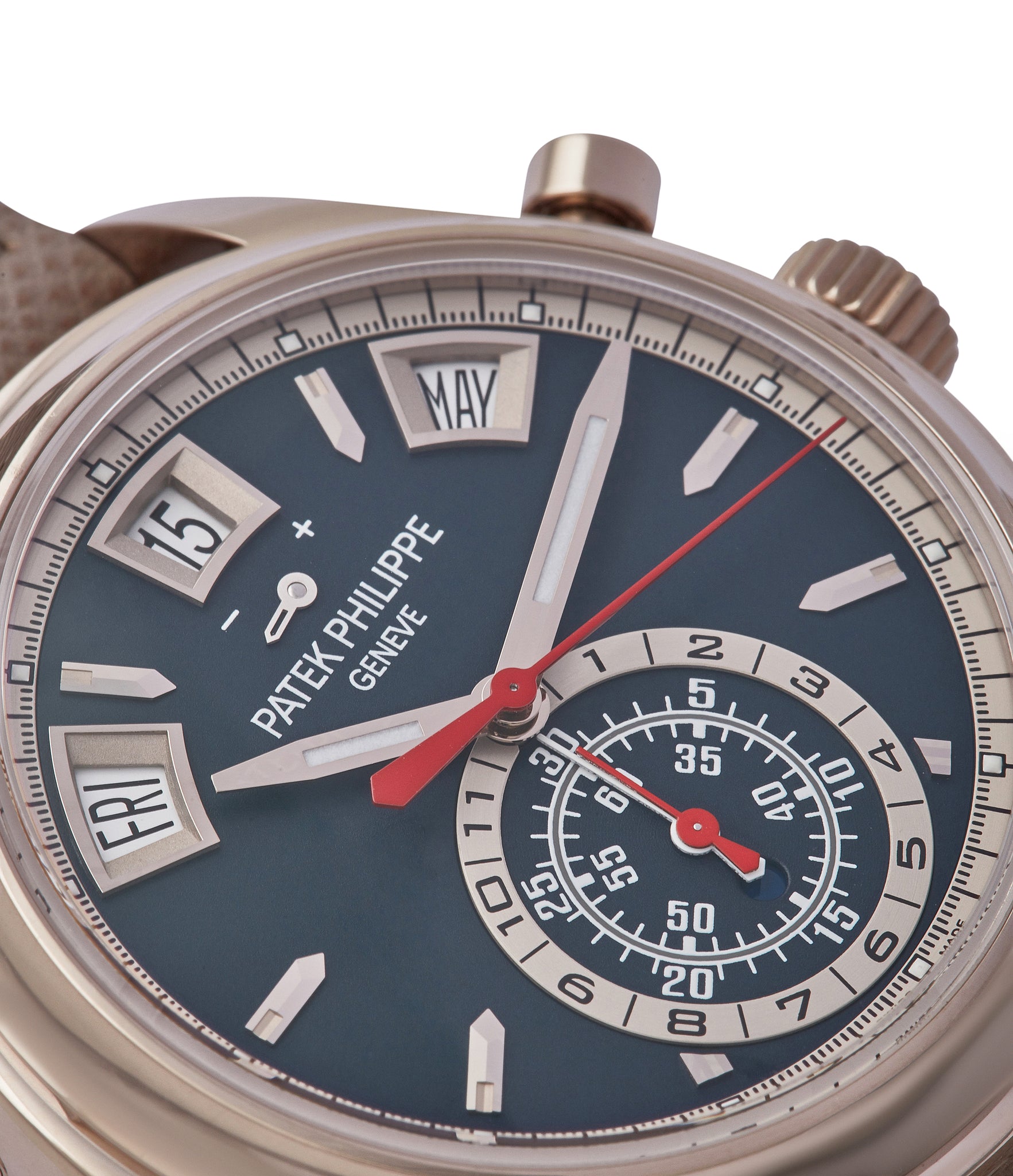 blue dial Patek Philippe 5960-01G Annual Calendar Flyback Chronograph pre-owned watch at A Collected Man London
