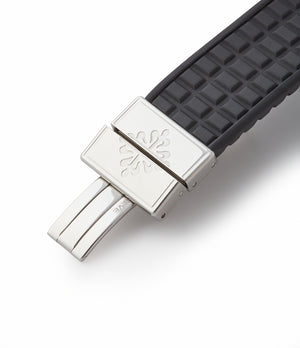 steel Patek Philippe deployant clasp rubber strap 5065A Patek Philippe Aquanaut steel sport watch full set for sale online at A Collected Man London UK specialist of rare watches