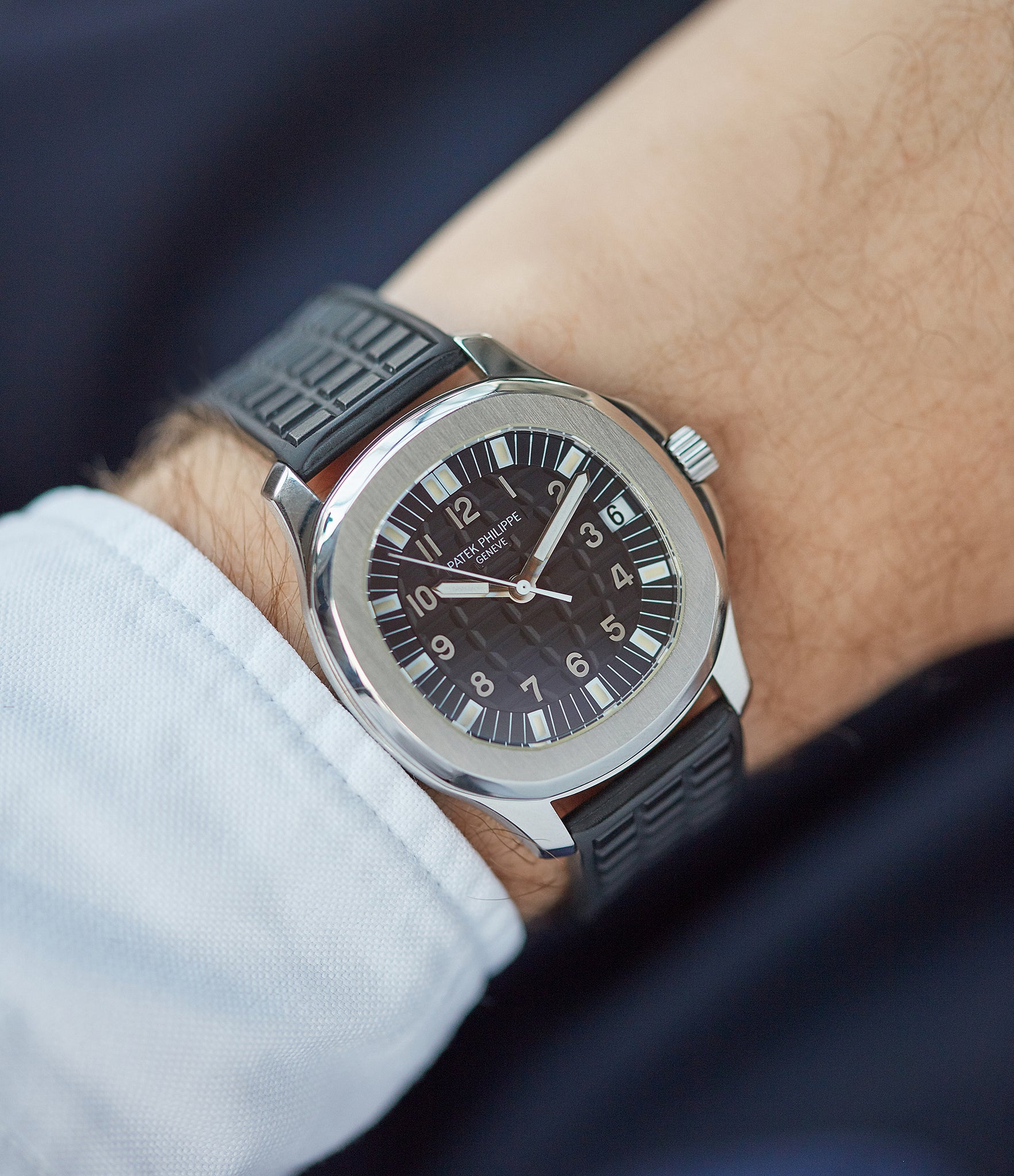on the wrist Patek Philippe Aquanaut 5065A steel sport watch full set for sale online at A Collected Man London UK specialist of rare watches