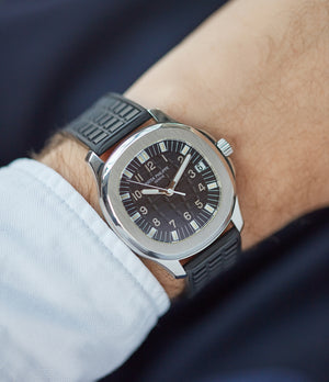 on the wrist Patek Philippe Aquanaut 5065A steel sport watch full set for sale online at A Collected Man London UK specialist of rare watches