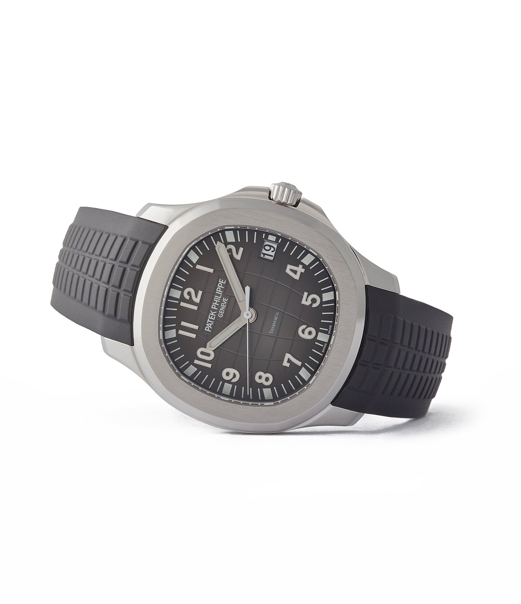 side-shot buying pre-owned Patek Philippe Aquanaut 5167A-001 double Tiffany-signed luxury sports watch for sale online A Collected Man London UK specialist rare watches