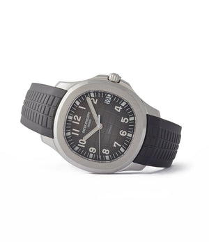 side-shot buying pre-owned Patek Philippe Aquanaut 5167A-001 double Tiffany-signed luxury sports watch for sale online A Collected Man London UK specialist rare watches
