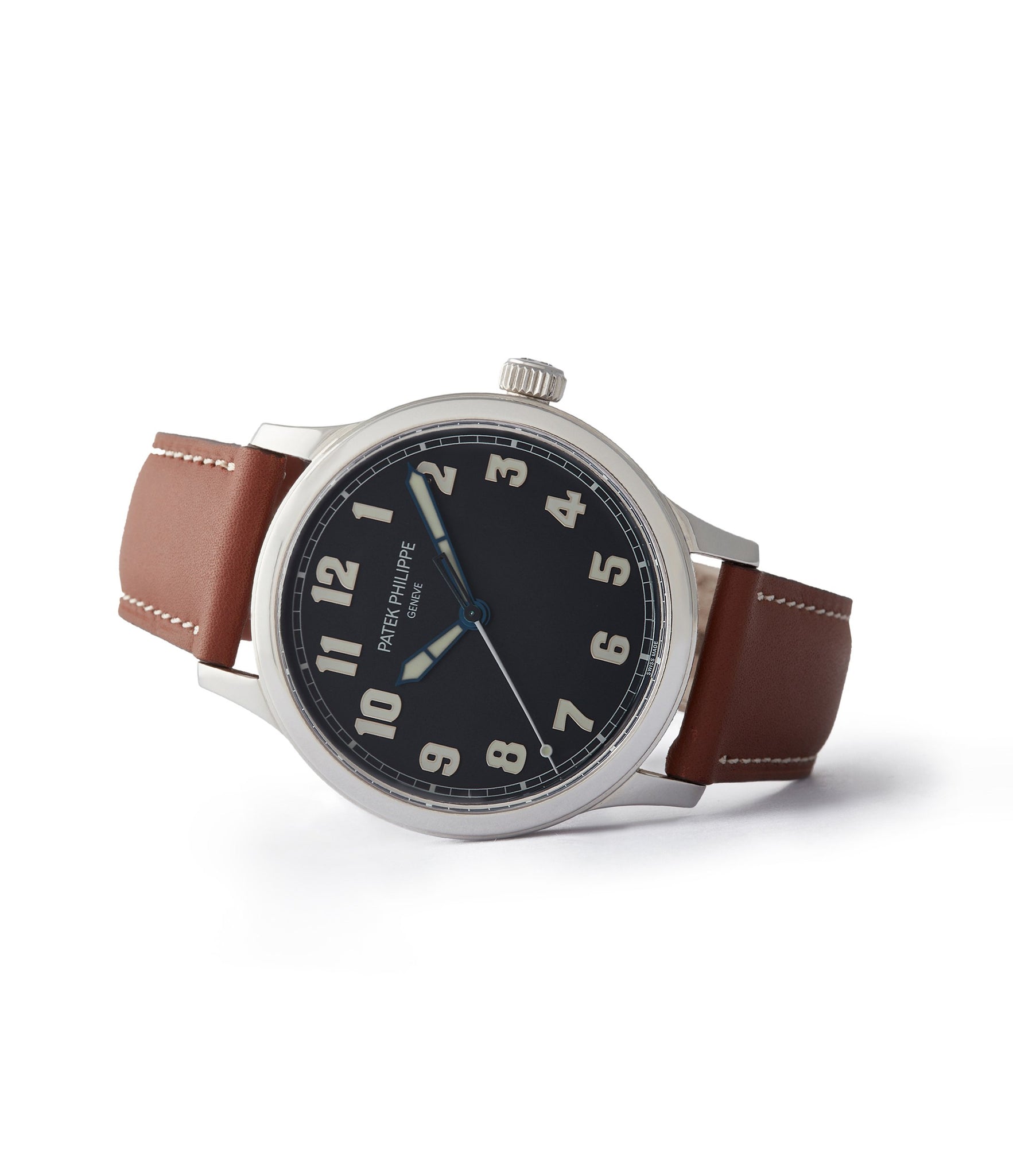 side-shot 5522A Patek Philippe Calatrava Pilot's time-only pre-owned watch for sale online at A Collected Man London UK specialist 