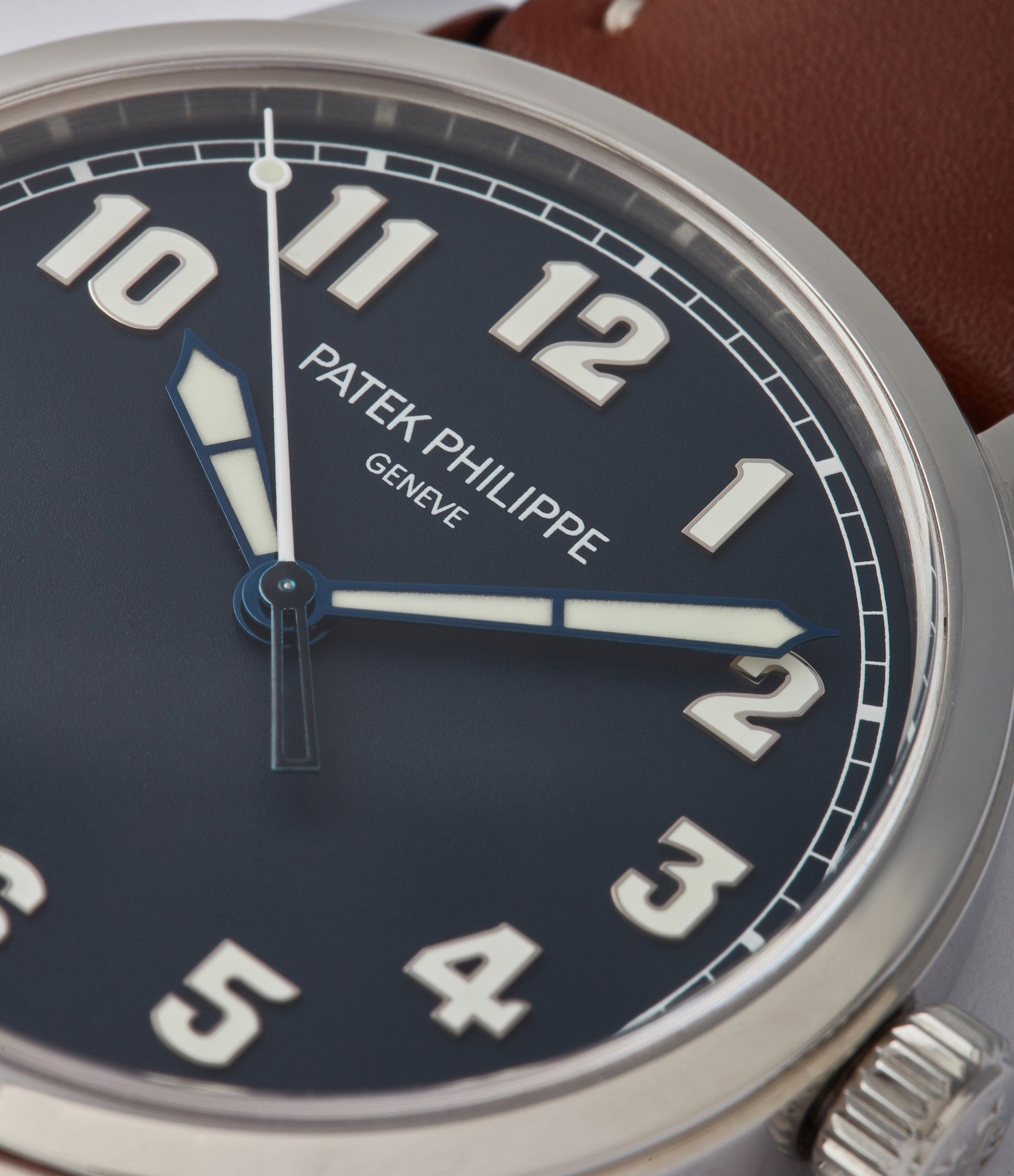 blue lacquer dial Patek Philippe Calatrava Pilot's 5522A-001 time-only pre-owned watch for sale online at A Collected Man London UK specialist 