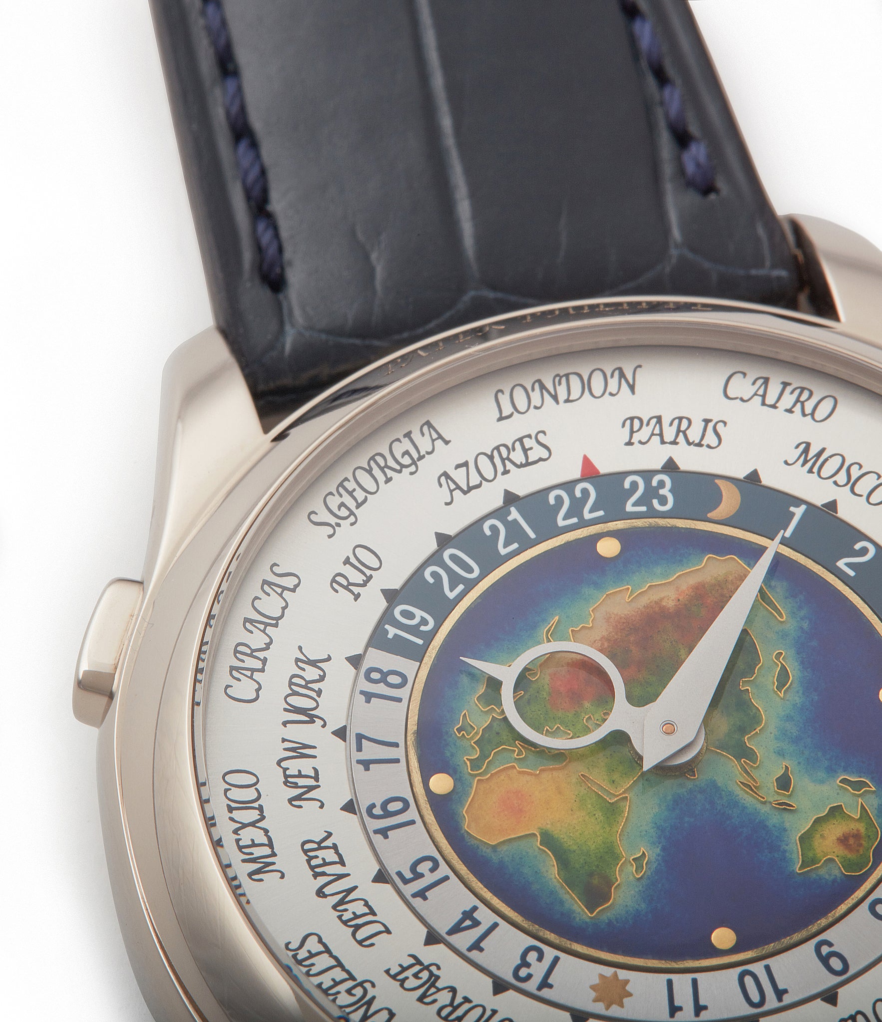 rare world map Patek Philippe World Time 5131G enamel dial white gold watch for sale online at A Collected Man London UK specialist of rare watches