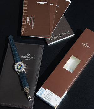 full set Patek Philippe World Time 5131G enamel dial white gold watch for sale online at A Collected Man London UK specialist of rare watches