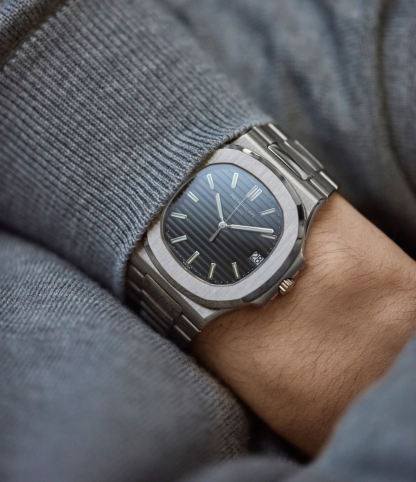 on the wrist Patek Philippe Nautilus 3711/1G-001 white gold pre-owned watch for sale online at A Collected Man London UK specialist of rare watches