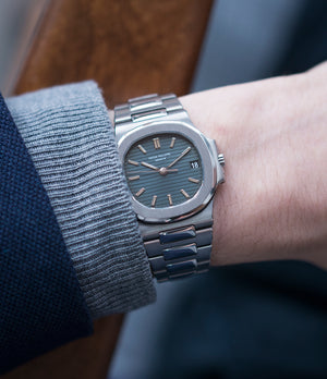 on the wrist Patek Philippe Nautilus 3800/1 steel vintage luxury watch online at A Collected Man London UK specialised  seller of rare watches