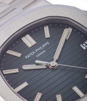 blue dial Patek Philippe Jumbo Nautilus 5711/1A-001 steel pre-owned sport watch for sale online at A Collected Man London UK specialist of rare watches