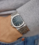 on the wrist Patek Philippe Jumbo Nautilus 5711/1A-001 steel pre-owned sport watch for sale online at A Collected Man London UK specialist of rare watches