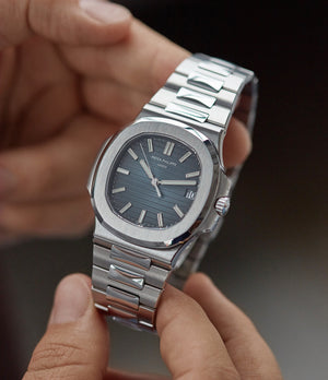 hands-on with Patek Philippe Jumbo Nautilus 5711/1A-001 steel pre-owned sport watch for sale online at A Collected Man London UK specialist of rare watches
